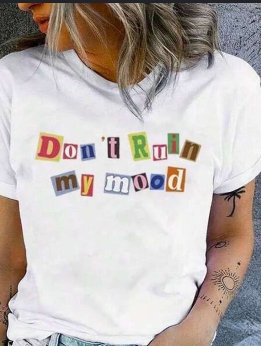 SHEIN White Multicolor "Don't Ruin My Mood" Graphic Crop Tee, Size Small